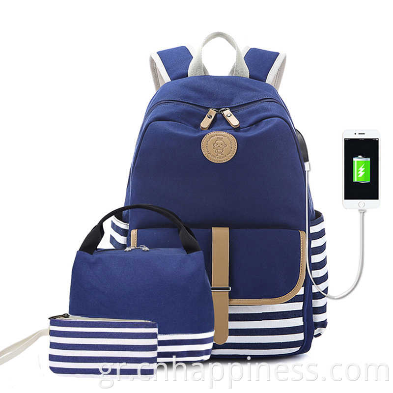 Amazon Hot Sale Foldable USB Φόρτιση Unisex School Bag Navel Blue Vintage Cotton Canvas Backpack Bag Set